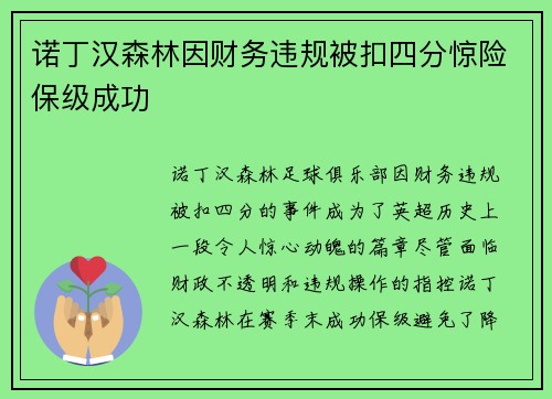 诺丁汉森林因财务违规被扣四分惊险保级成功